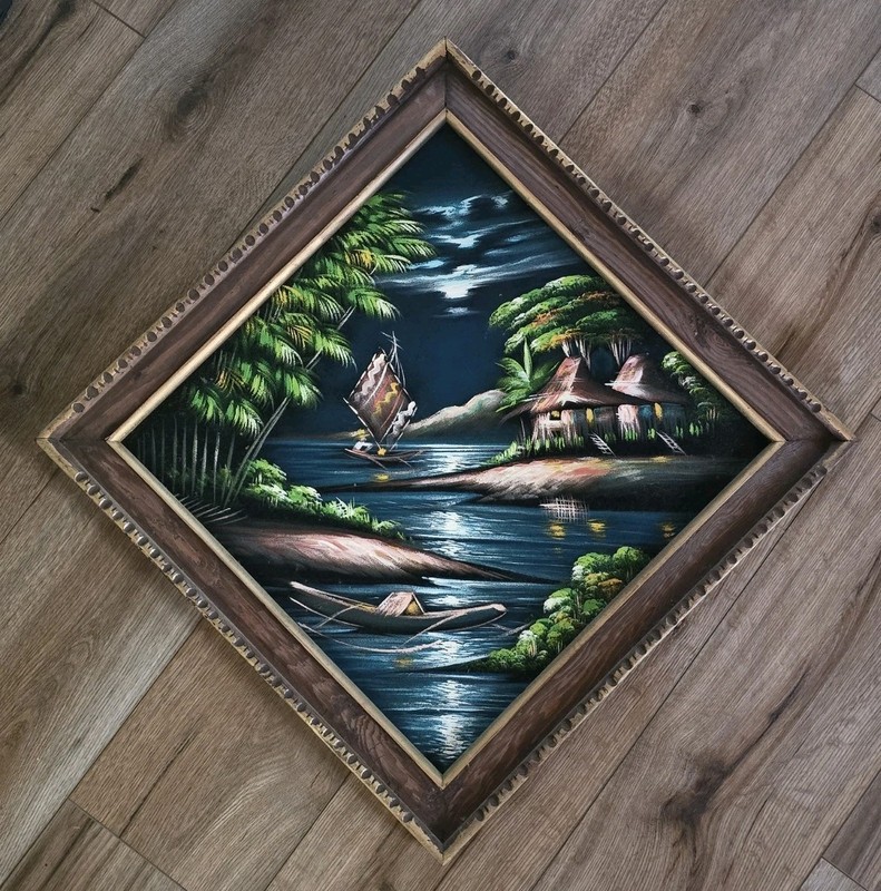 Vintage Velvet Paintings- Asian Landscape Set Of 2 Very Unique