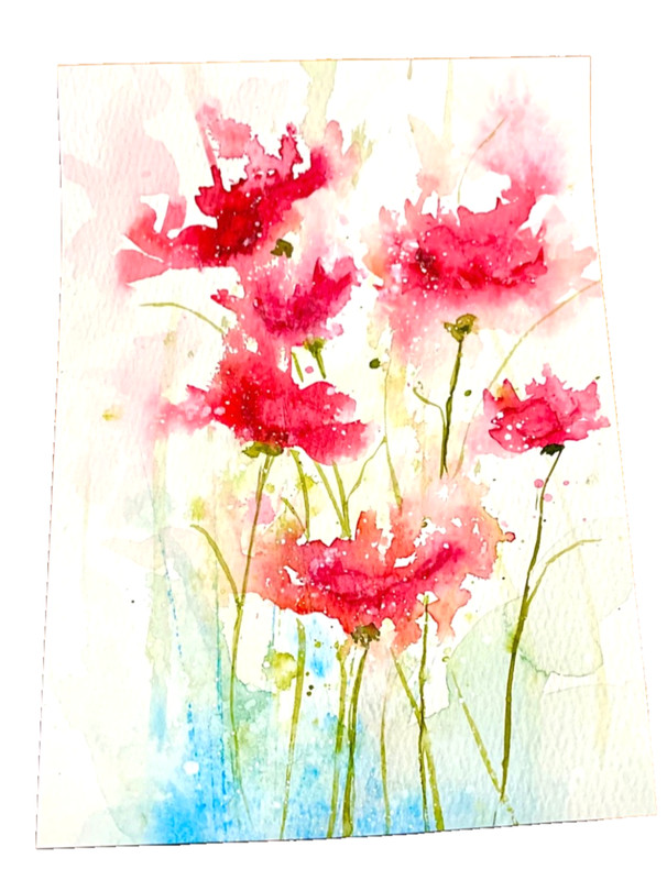 Original flower red pink semi abstract OOAK 5 x 7 watercolor Cherie Donnell