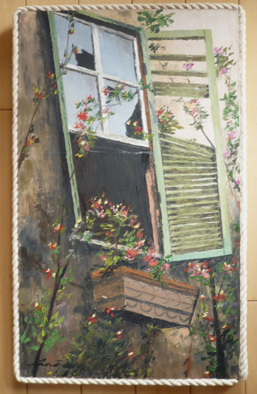 BRAZIL Brazilian VINTAGE FOLK ART, SIGNED OIL PAINTING, GARDEN WINDOW MODERN gallery