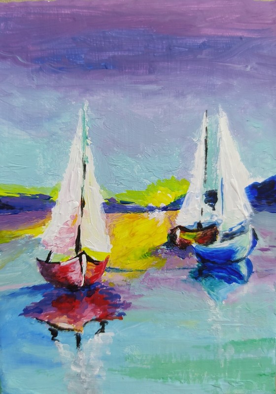 ACEO Original acrylic painting Boats at Sunset 2,5×3,5 in Seascape