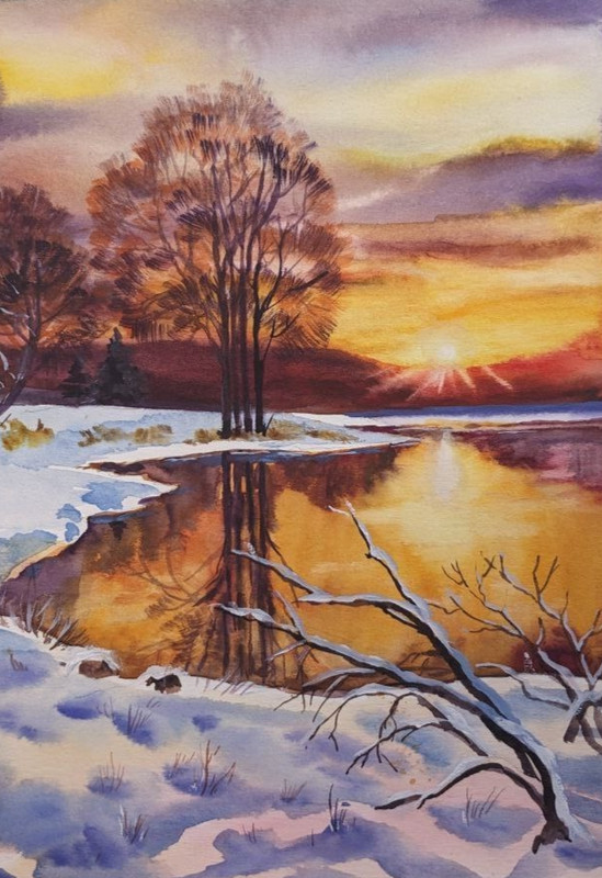 Winter Sunset Landscape Watercolor Painting Snowy Lake Original Art A4