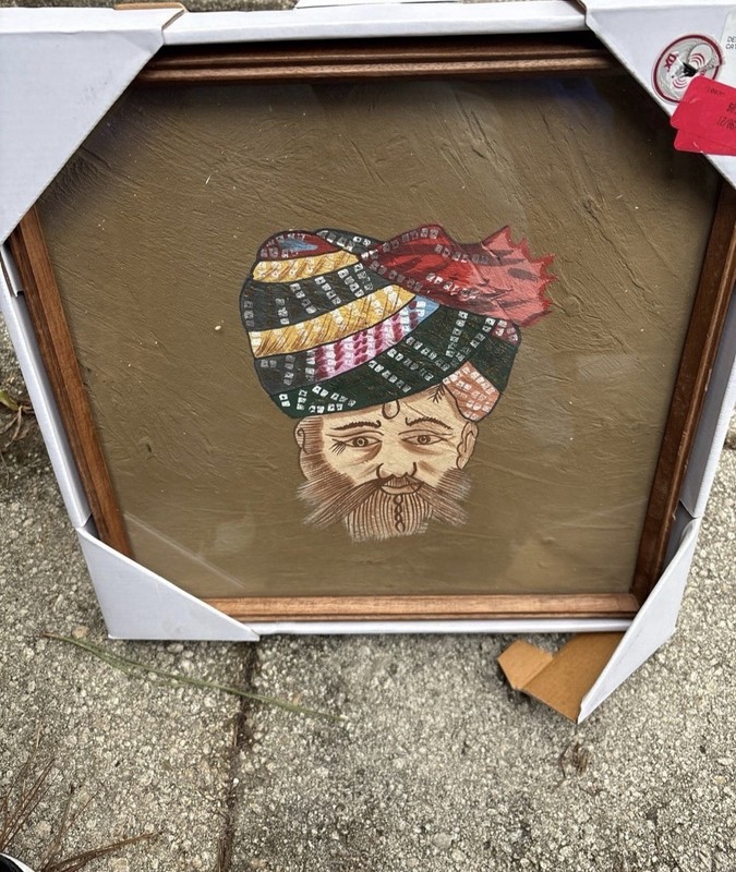 Framed Portrait Painting of Man with Colorful Turban, Folk Art, Single Piece