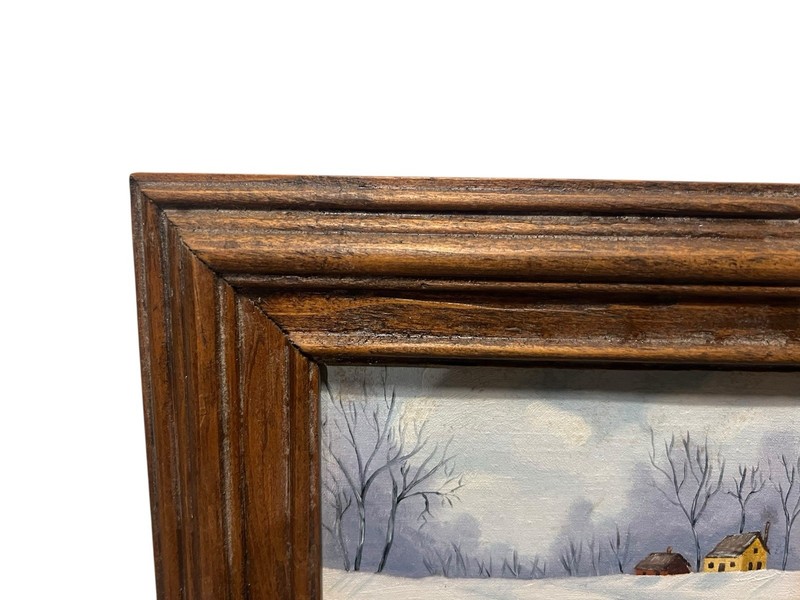 Vintage Small Signed Snowy Landscape Cabins on River PAINTING 7x8 gallery