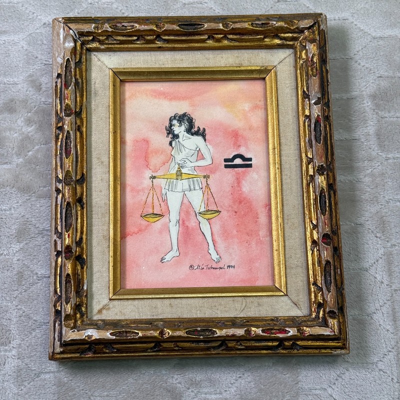 VTG 1974 Mia Tschampel Libra Framed Watercolor Painting Artwork See Pics