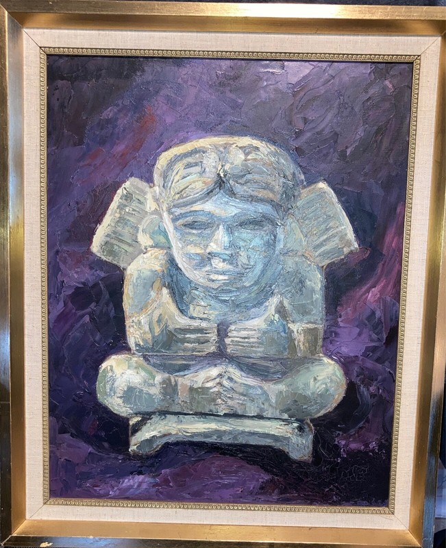 PAINTING Warrior Statue Purple and Silver Stone Age Original Art