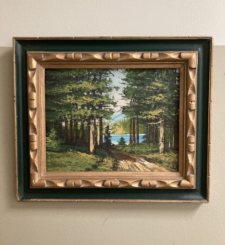 Vintage Oil Painting On Board “Lakeview Through The Forest” Wood Framed 10”x 8”