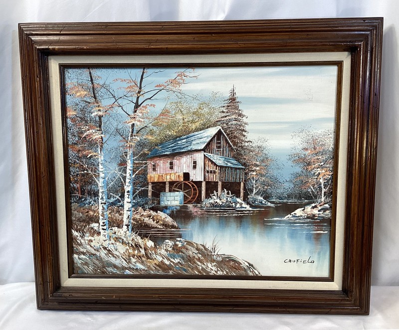 Oil Painting Signed Caufiel Rustic Winter Mill River Landscape Framed Art 16×20
