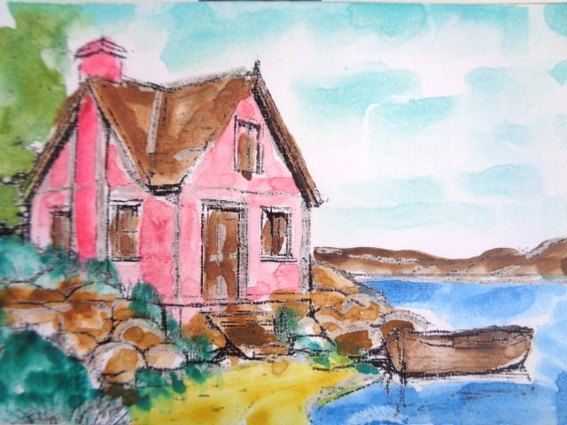 ACEO Tranquil MOUNTAINS HOUSE BOAT ON LAKE RIVER LANDSCAPE Painting Art