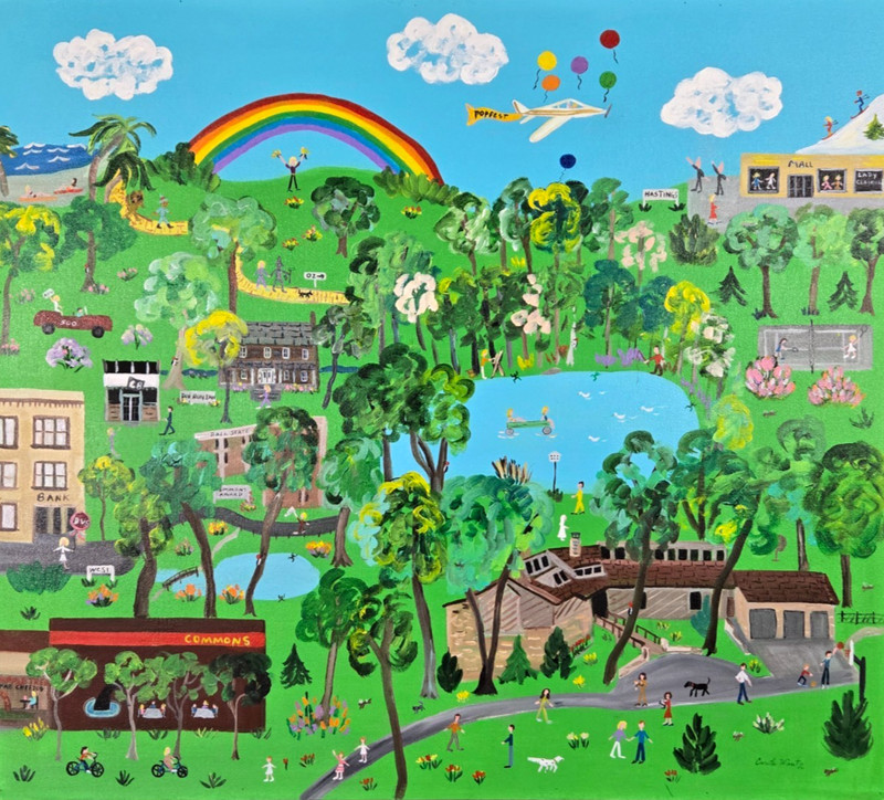 Carole G. Wantz Indiana folk art landscape original oil painting, Ball State 38" gallery