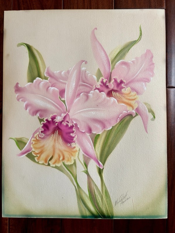 VTG Original Airbrush Painting Hawaii Orchid Pencil Signed Mundorff 15” x 19”