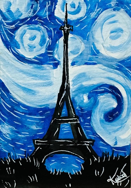 ACEO Original Acrylic Painting Eiffel Tower Paris Starry Night Sky Landscape Art