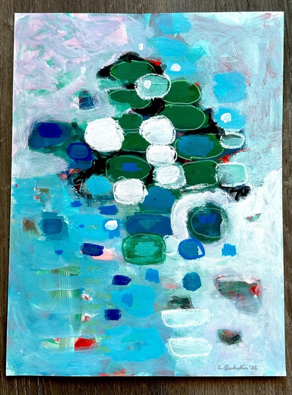 Emilia Bachelier Colorful Abstract Painting 9×12” Original on Paper