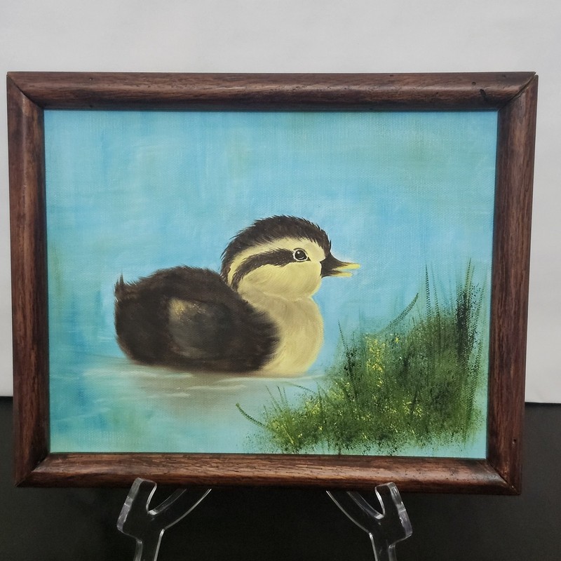 Vintage Baby Duck, Duckling Swimming In Pond, Painting On Canvas + Frame 1970’s?
