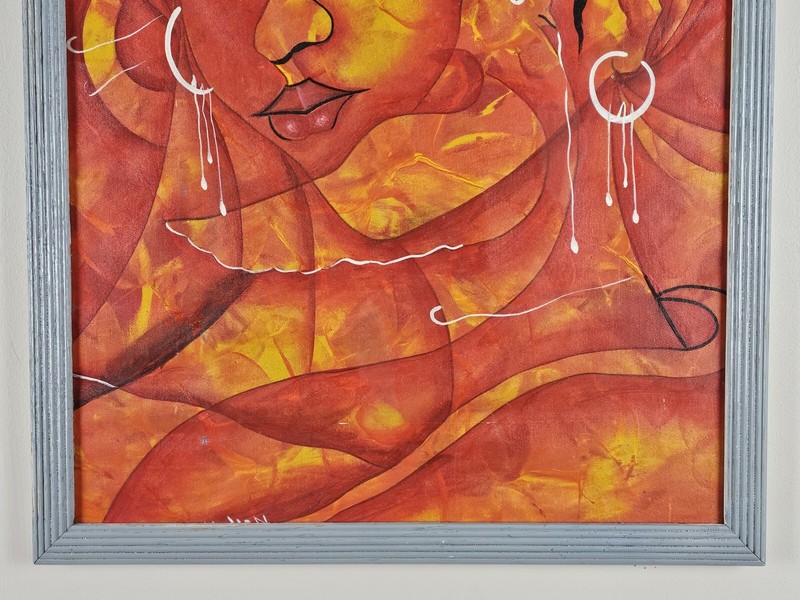 Original Illegibly Signed Painting 21.75x17.5 Framed Abstract Goddess & Bird Art gallery