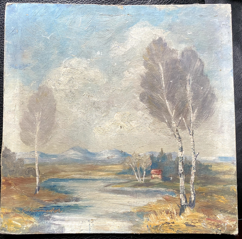 :OIL PAINTING BIRCHES ON THE SHORE WITH HOUSE °EXPRESSIONIST ILLEGIBLE SIGNED ANTIQUE