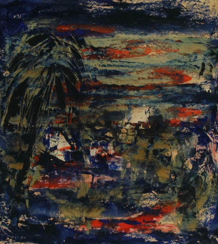 Mid Century 1969 Abstract Gouache Of Tropical Harbor Scene by Artist Henry Aubry