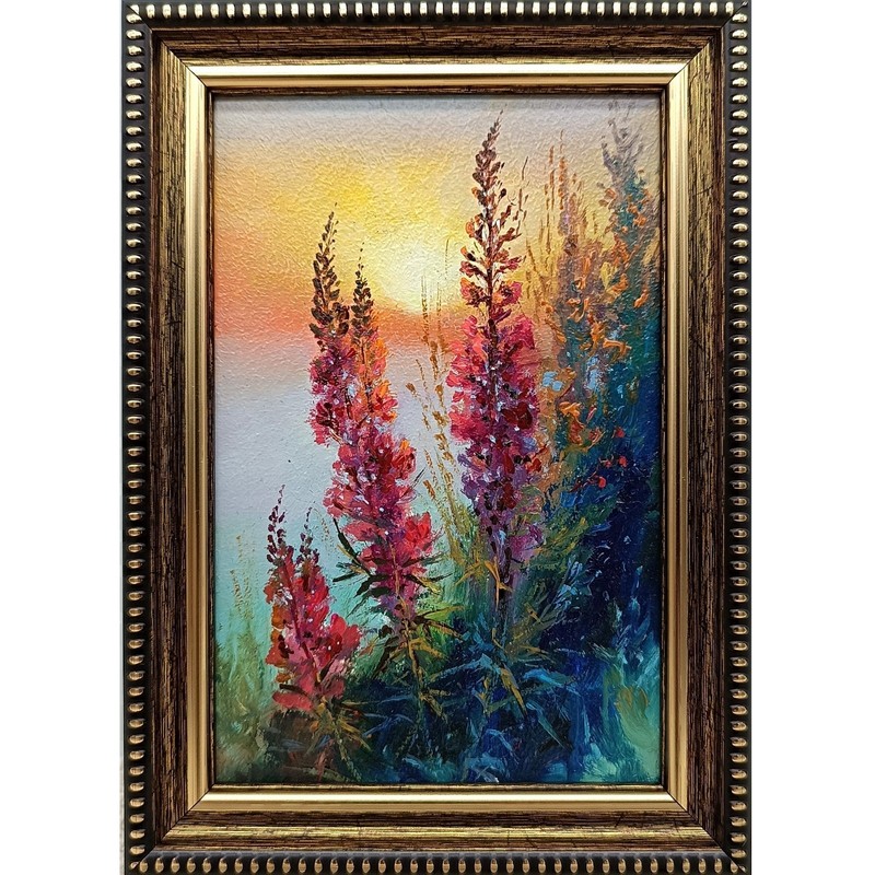 Wildflowers Original Oil Painting 4×6 Framed Signed Sunset Floral Landscape Art