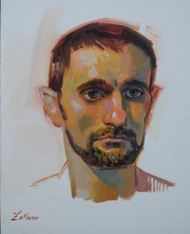 Original Oil Portrait Young Man Beard Brunette Contemporary Realism Art Signed