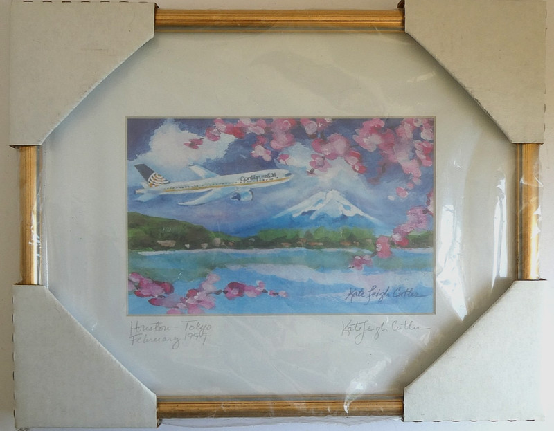 Original Tokyo Houston Continental Airlines Watercolor Signed Kate Leigh Cutler