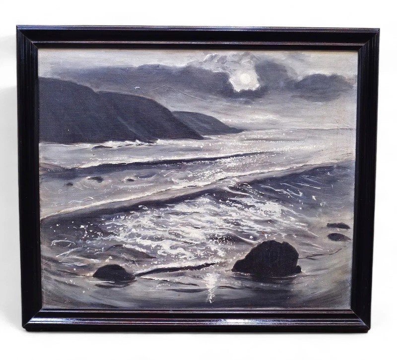 Monochrome Oil, Coastal Scene Sight – 19 1/2 x 23 7/8 Frame – 23 x 27
