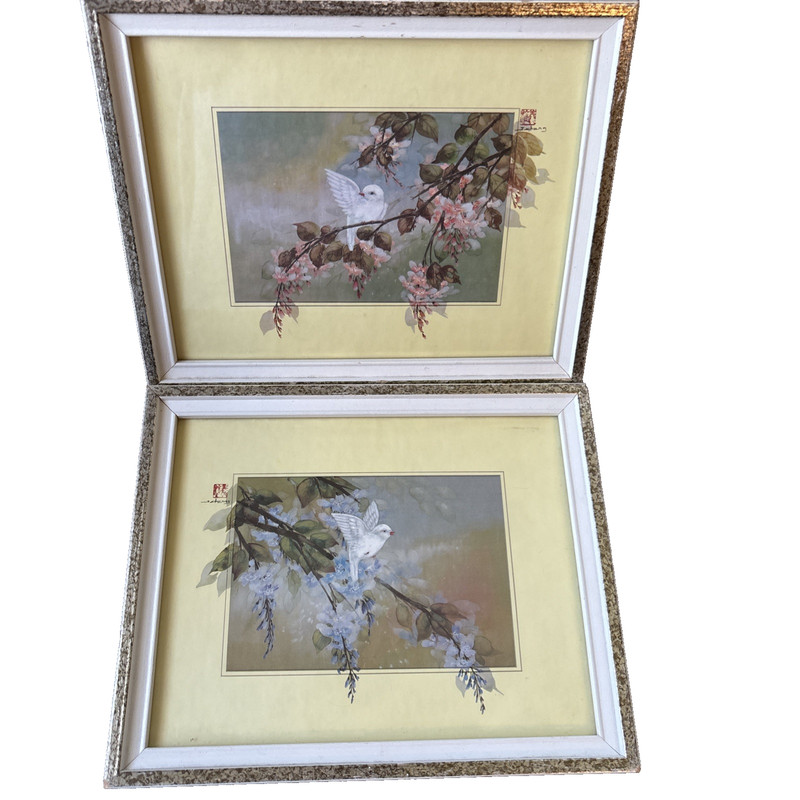 Pair of 198 1 Asian Gouache Lithographs of Doves J. Cheng W/Watercolor Accents