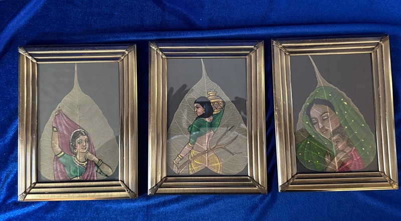 LePakshi Peepal PiPal Leaf Hand Painted Indian Women Framed Art Set Of 3 Framed