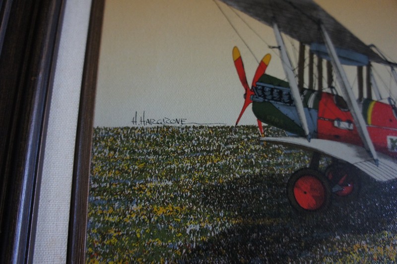 signed H Hargrove Framed Serigraph Painting K1 Biplane & Hangar 12 x 16 gallery