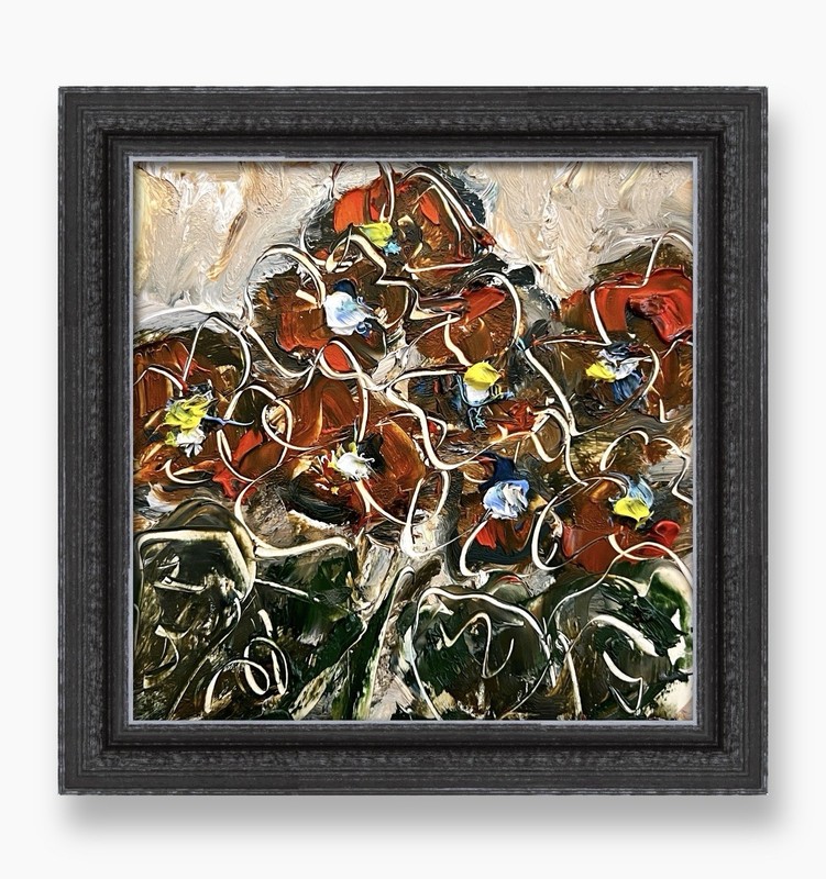 Framed Geraniums Art Semi Abstract Red Geranium Flowers Original Oil Painting 6” gallery