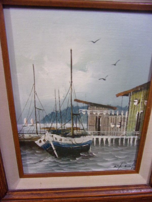 Vintage Signed,Carved Wood Framed Oil Painting Moored Fishing Boat at a Pier gallery