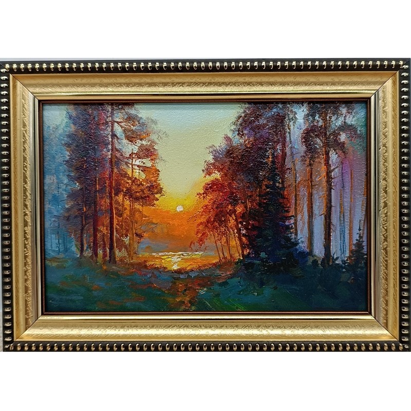 River Landscape Original Oil Painting 6×4 Framed Signed Sunset Lake Nature Art