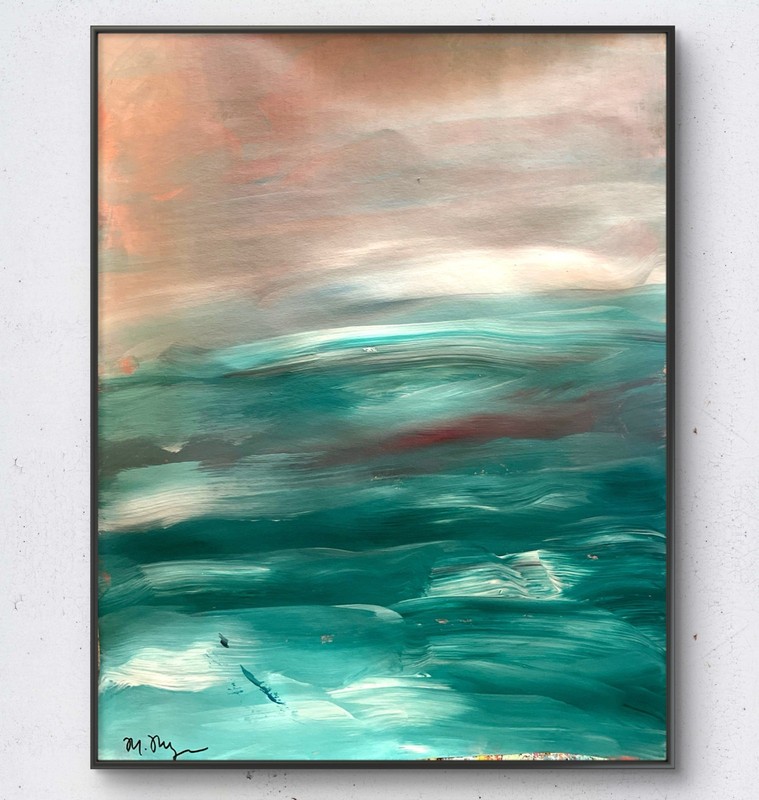 Mary Myers Original Abstract Seascape Teal Turquoise Waves Peach Sunset Sky