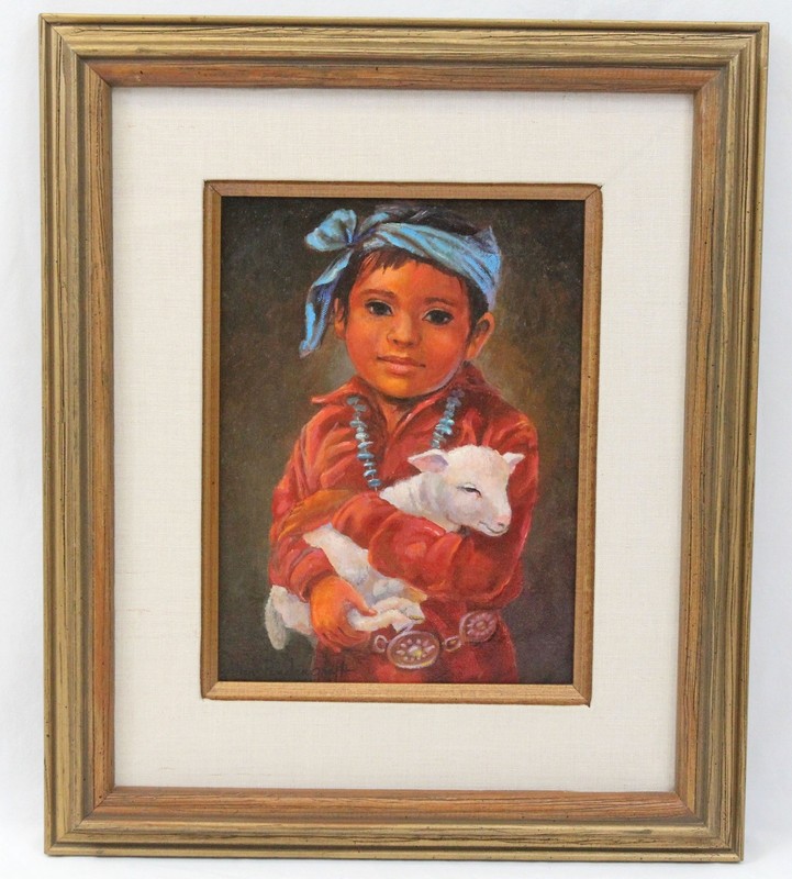 Allen Pendergraft Vintage Oil Painting Native American Portrait Navajo Boy Lamb