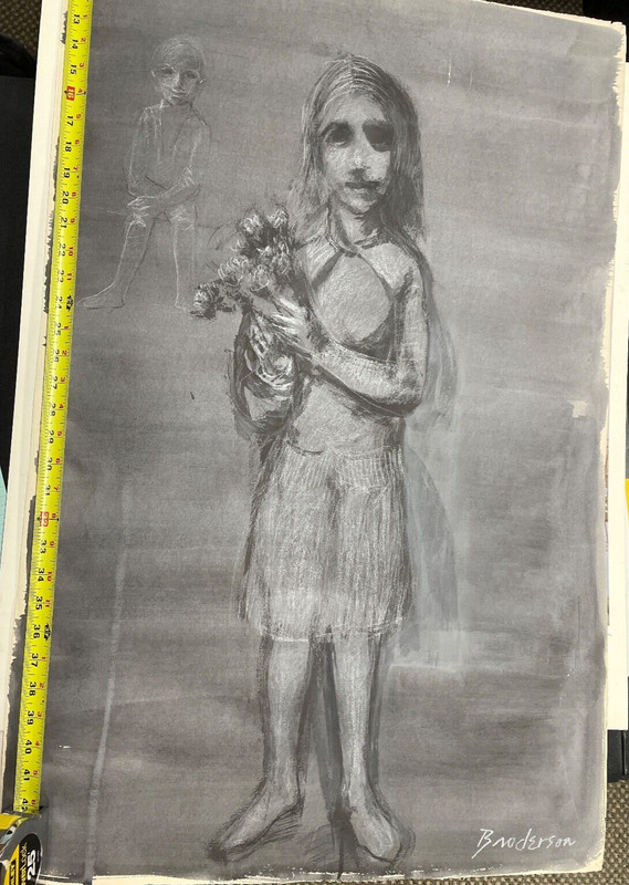 Broderson, “Girl with Flowers,” Original Painting on Paper, circa 1970. 35 x 23”