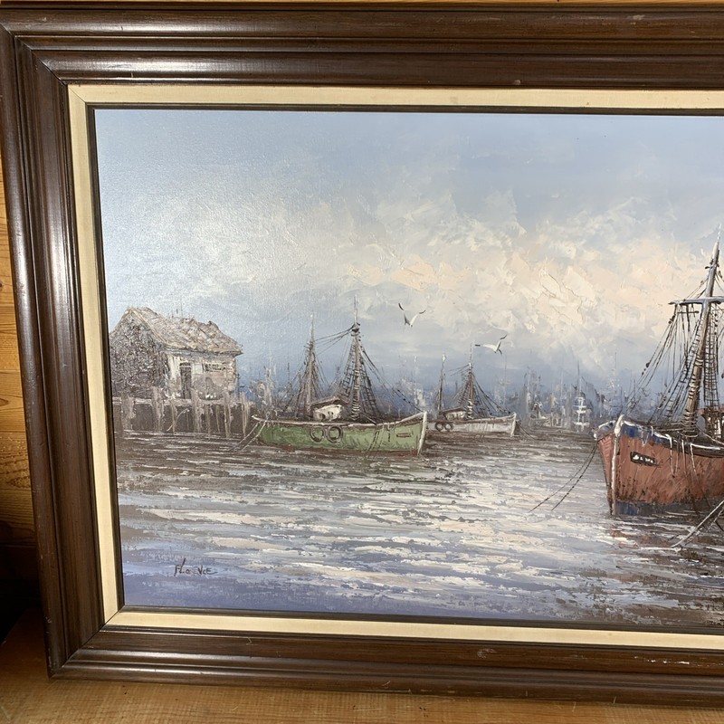 Fishing Boats Harbor Oil Painting by American Folk Artist Florence Wilkins Furst gallery