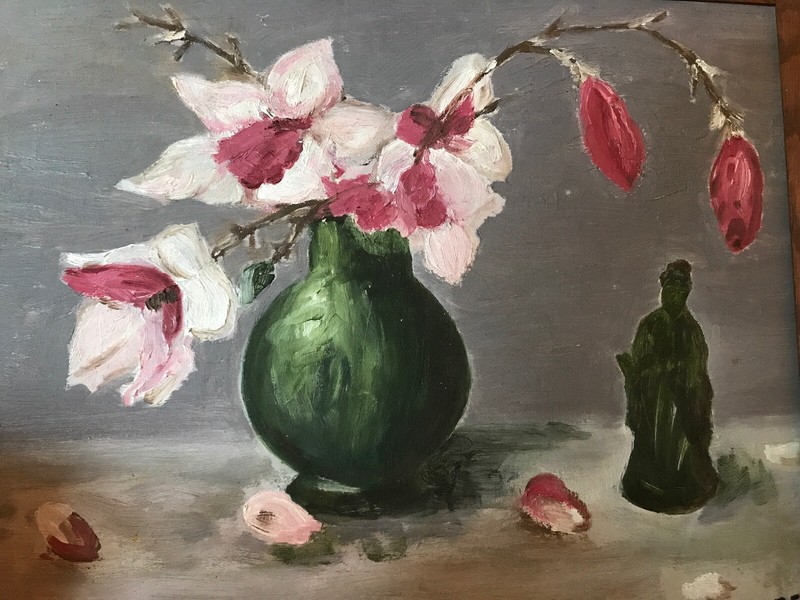 12x16 O/B Jade Figure & Magnolias In Green Pot Signed On Reverse 15x19 frame gallery