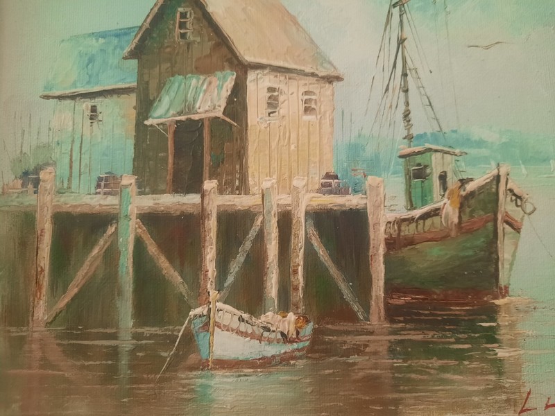 NICELY FRAMED ORIGINAL JOHN LUINI OIL ON CANVAS SEASIDE FISHING VILLAGE PAINTING