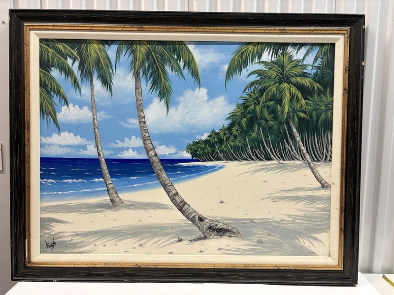 Large Original Caribbean Beach Oil Painting Signed Bravo RD – Tropical Decor
