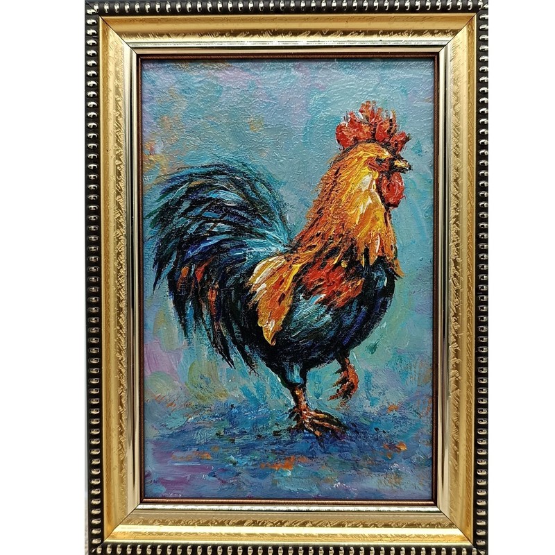 Rooster Original Oil Painting 4×6 Framed Signed Chicken Bird Animal Wall Art