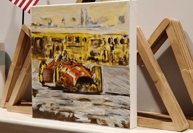 Painting Race Car Abstract Art Automotive signed M. Kravt Famious Racer 12x12" gallery