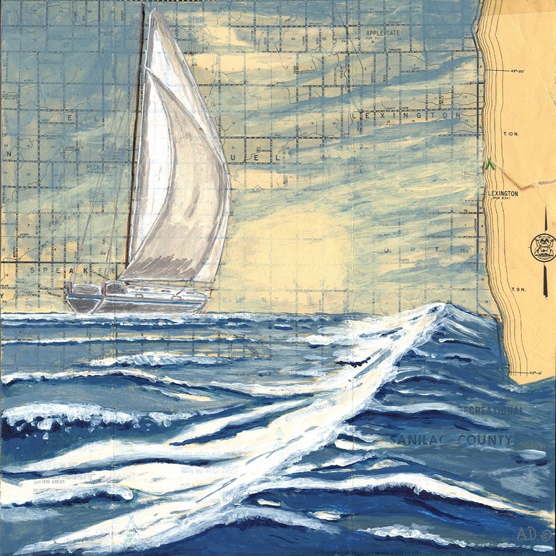 8x8x1 Print of an Original Acrylic Painting on Vintage Map on Wood/ Sailboat