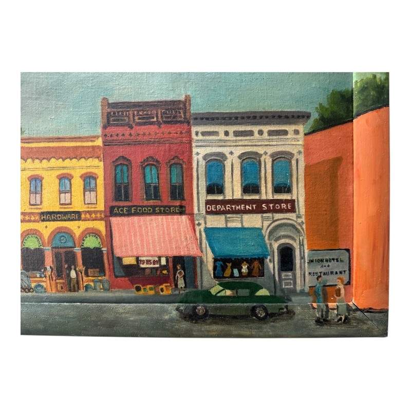 Antique Folk Art Downtown Street Scene Oil Painting on Board gallery