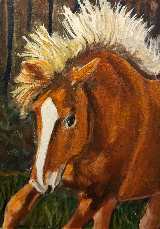 ACEO Original Acrylic Collectable Horse Sorrel with Flax Flying Mane by LGarcia