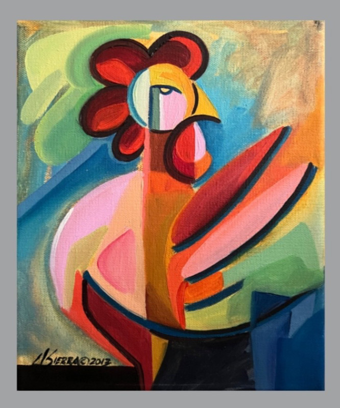 Cubist Rooster Hen Original Oil Cuban Artist Vivid Colors SFAStudio