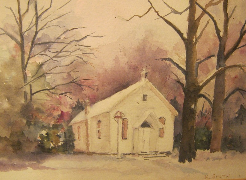 Americana Primitive Watercolor COUNTRY CHURCH Signed K SMITH Pro Matt & Frame!! gallery