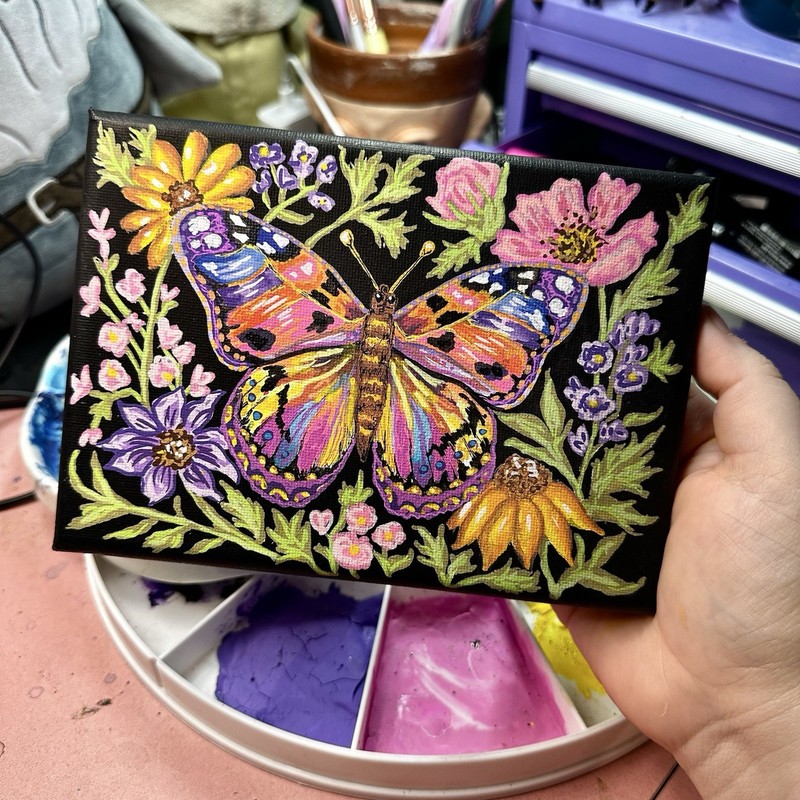 5x7 Original Colorful Butterfly Acrylic Marker Painting On Canvas