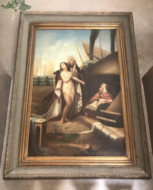 Oil Painting On Canvas Signed ARAB TRADER MERCHANT LADY Gold Frame 46 X 34