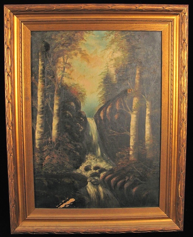 ANTIQUE OIL PAINTING FOREST WATERFALL SCENE BIRCH TREES MYSTERY ARTIST !