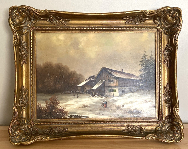 Jorg Sorensen Dutch Oil Painting On Board Winter Family Farm Scene Gilded Frame