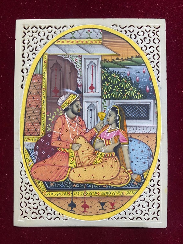 Painting of Mughal King and Queen Love Seen Persian Painting Synthetic Ivory