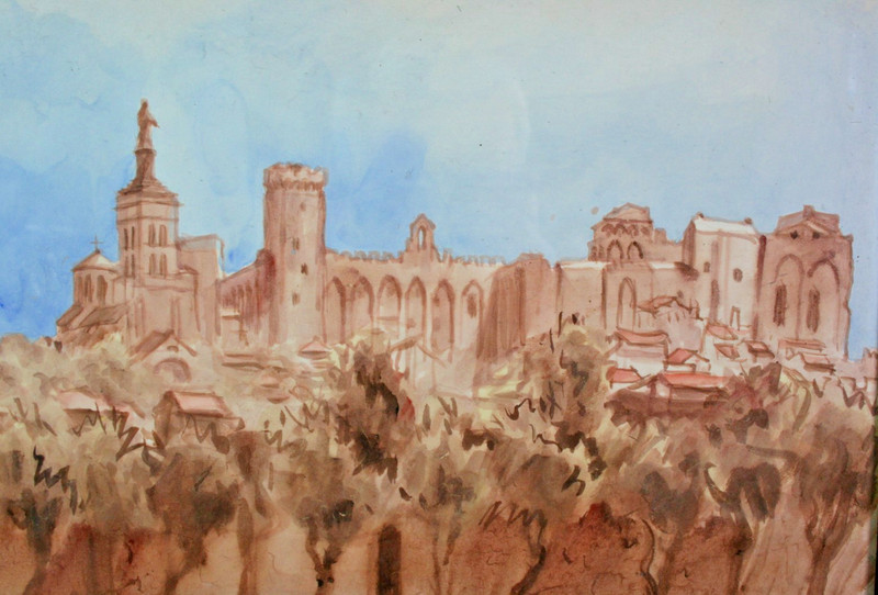 Watercolour Old Town of Mdina Malta signed: Avignon? gallery